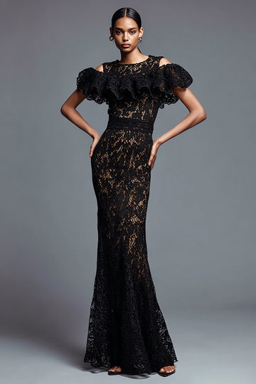 Black Mermaid Lace Long Formal Dress with Ruffles